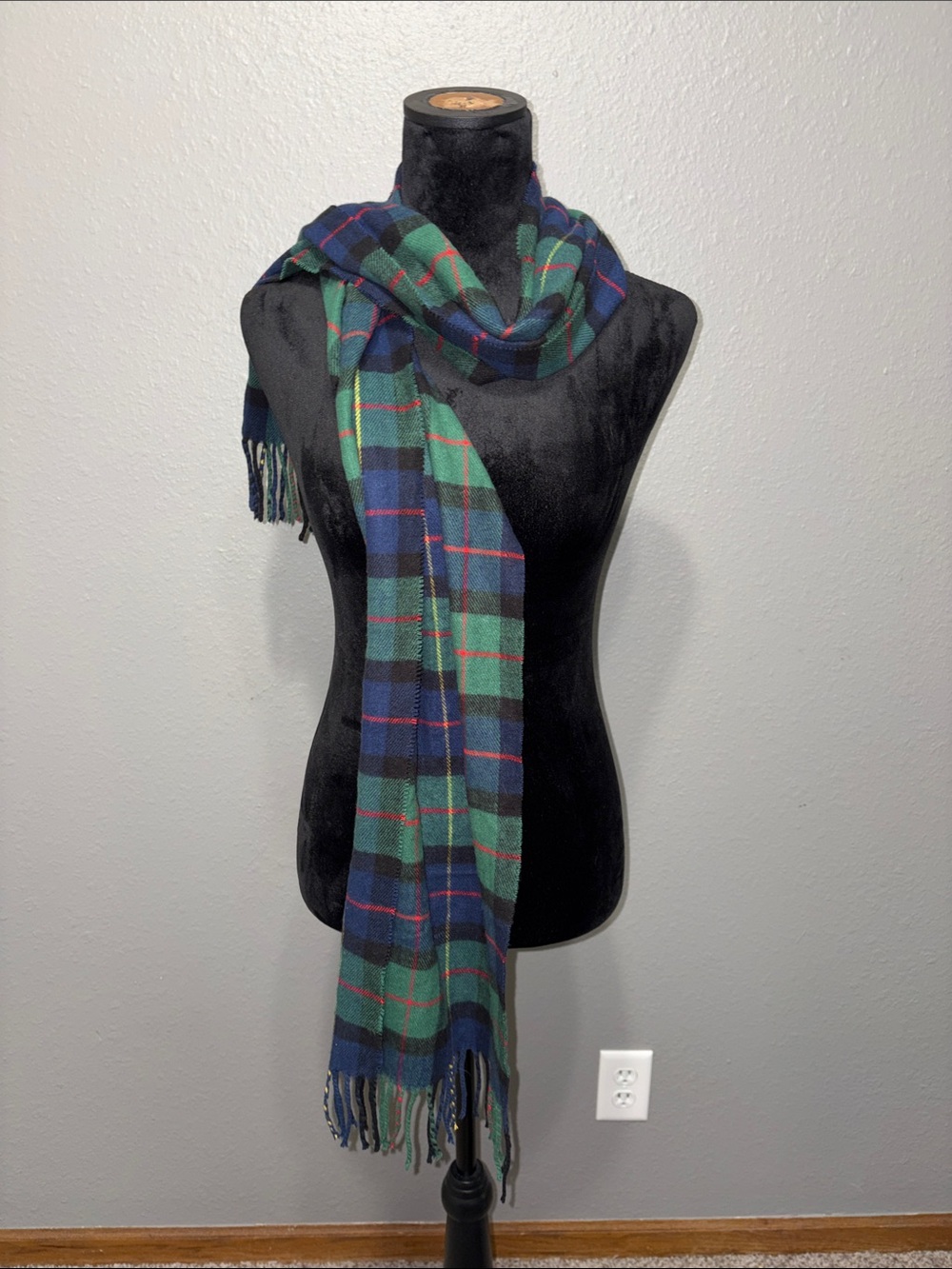 Green & Navy Plaid Wool Fringe Scarf with Red Accent